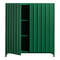 Green striped cabinet with a modern design, featuring vertical grooves and open shelving for stylish storage.