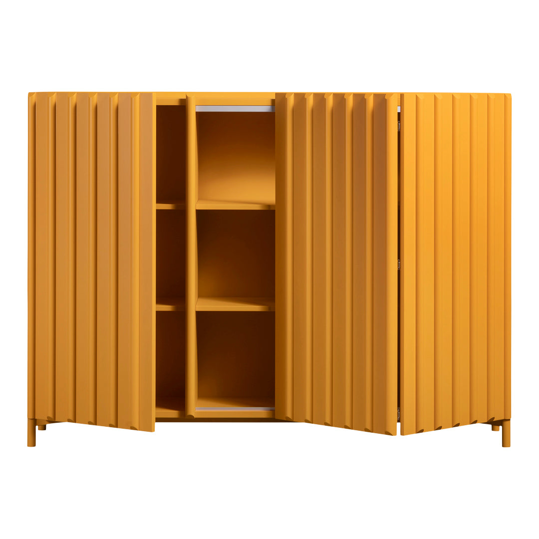 Vibrant yellow slatted cabinet with four shelves, showcasing a modern, minimalist design. Perfect for stylish storage.