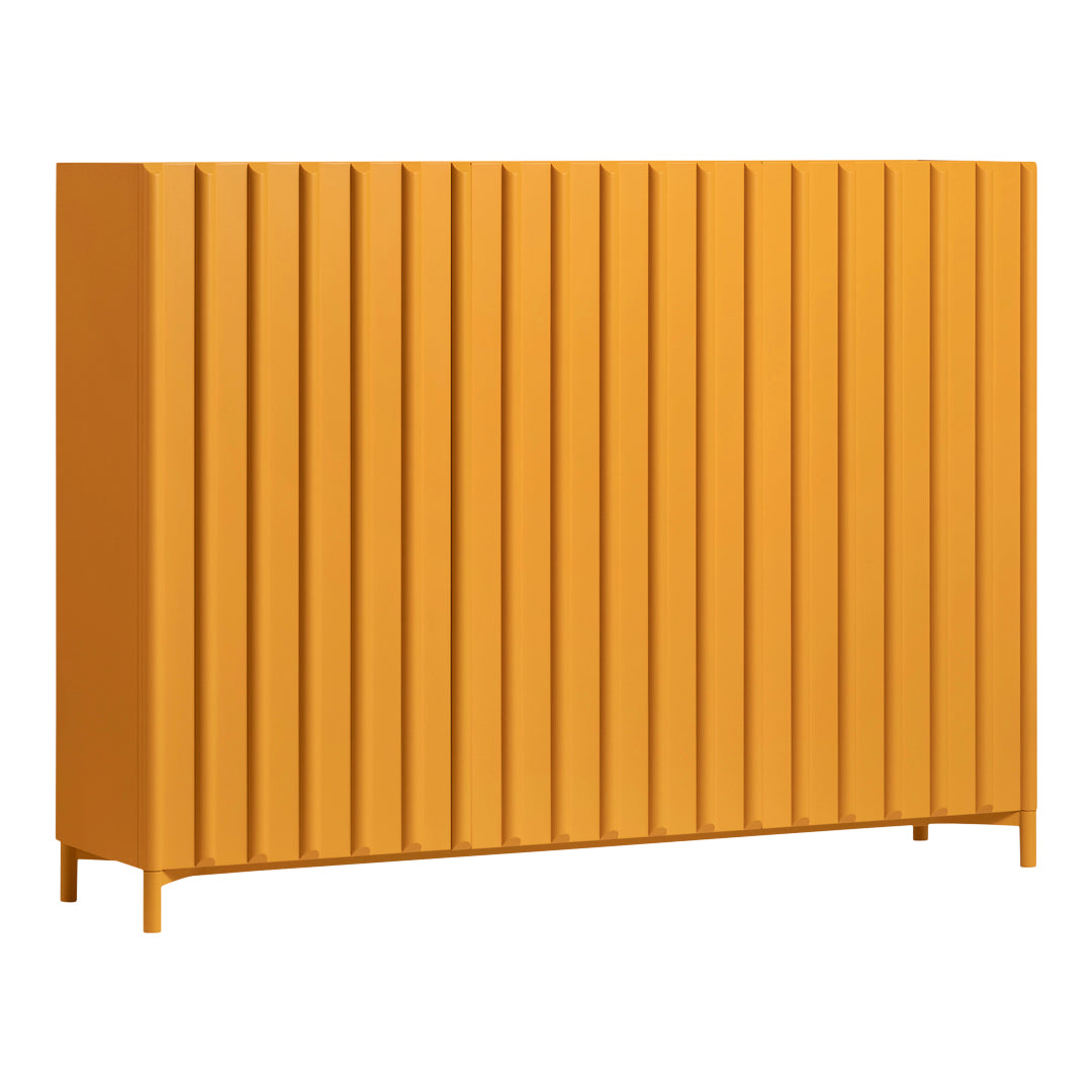 Bright mustard yellow cabinet with vertical slat design. Ideal for modern decor.