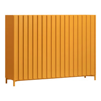 Bright mustard yellow cabinet with vertical slat design. Ideal for modern decor.