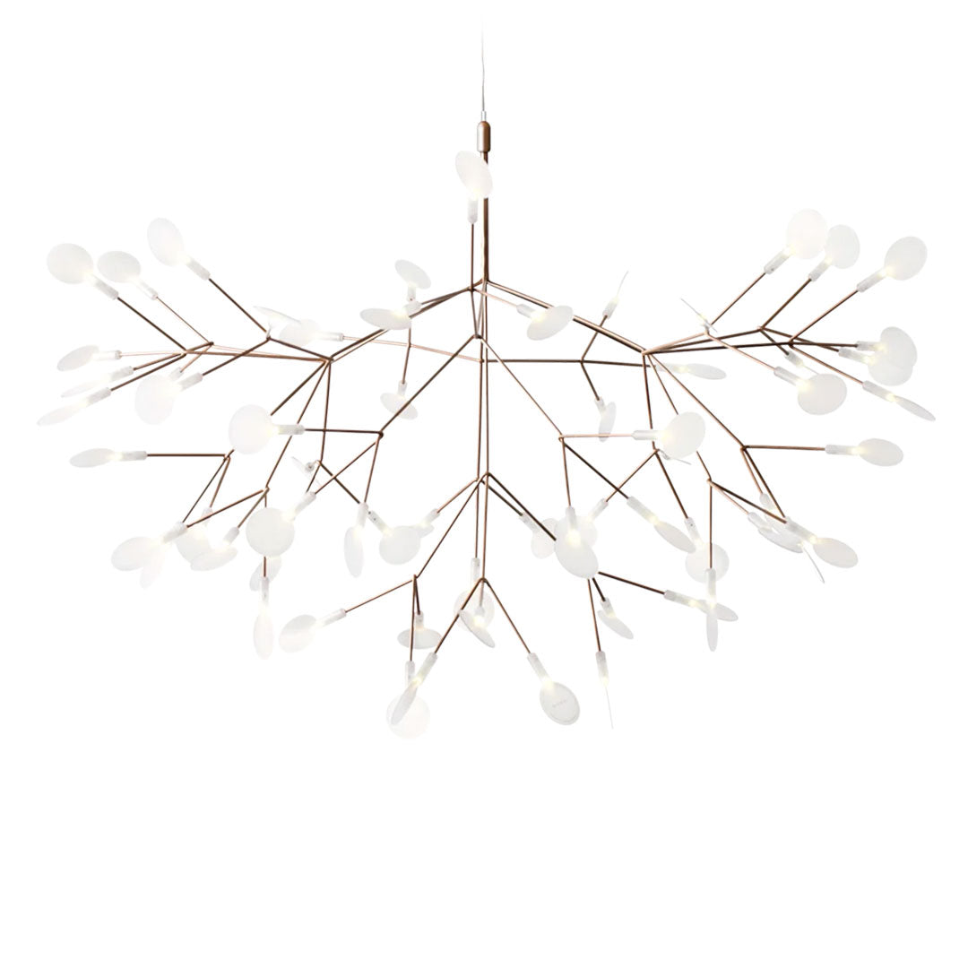 Elegant bronze chandelier with white floral patterns, featuring a unique branch-like design. Perfect for modern decor.