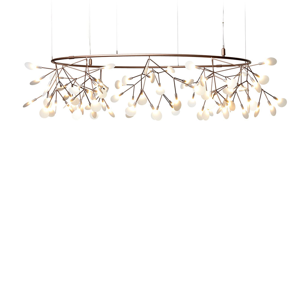 Metallic bronze chandelier with delicate white glass droplets mimicking floral branches in a modern design.