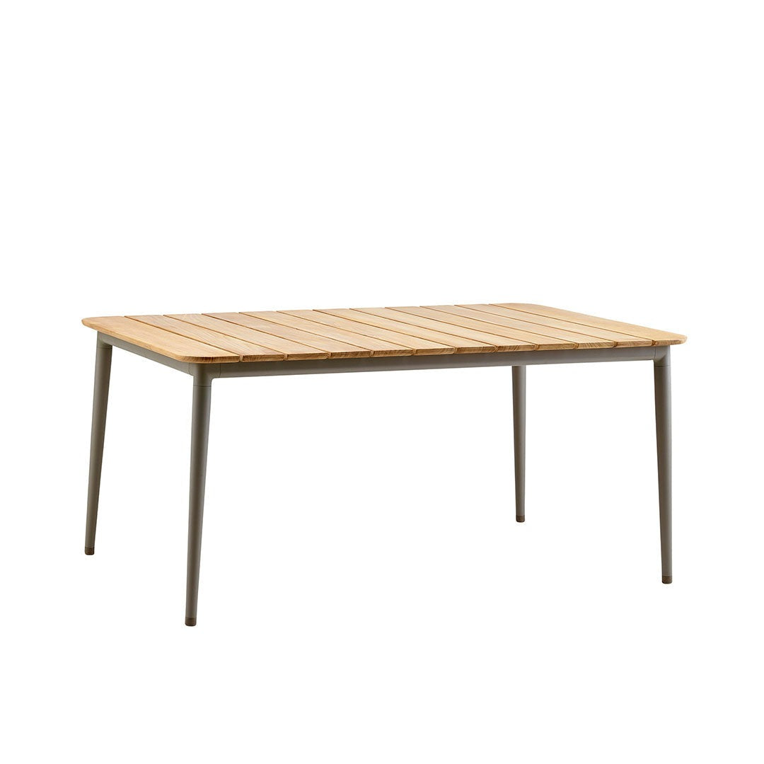 Natural wood tabletop with a slatted pattern, paired with sleek gray metal legs for a contemporary finish.