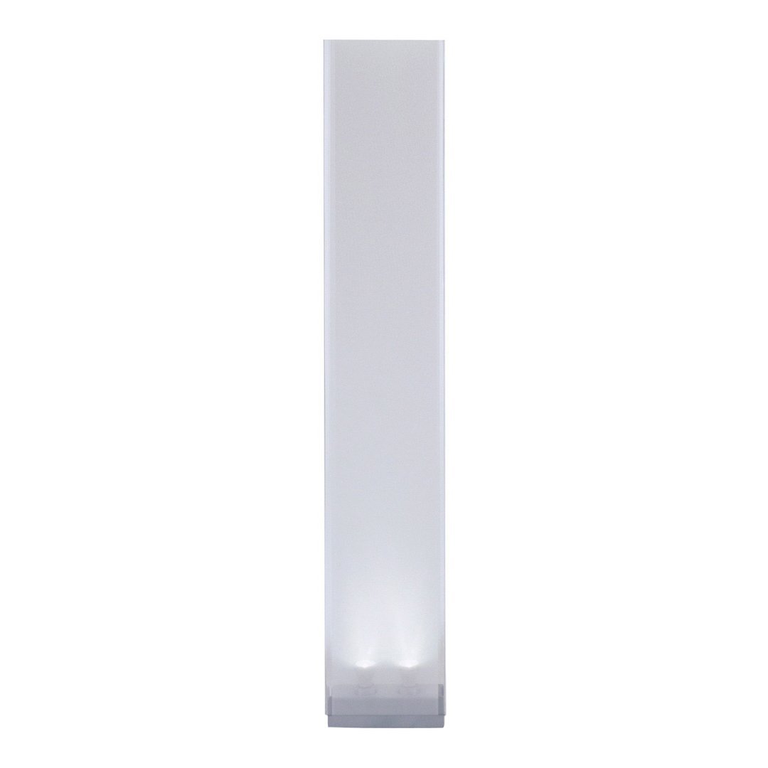 Sleek white floor lamp with a minimalist design, featuring a smooth surface and soft glowing base.