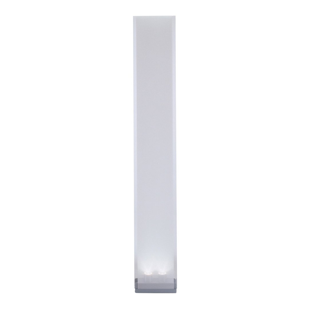 Sleek white floor lamp with a minimalist design and a subtle gradient base in silver.