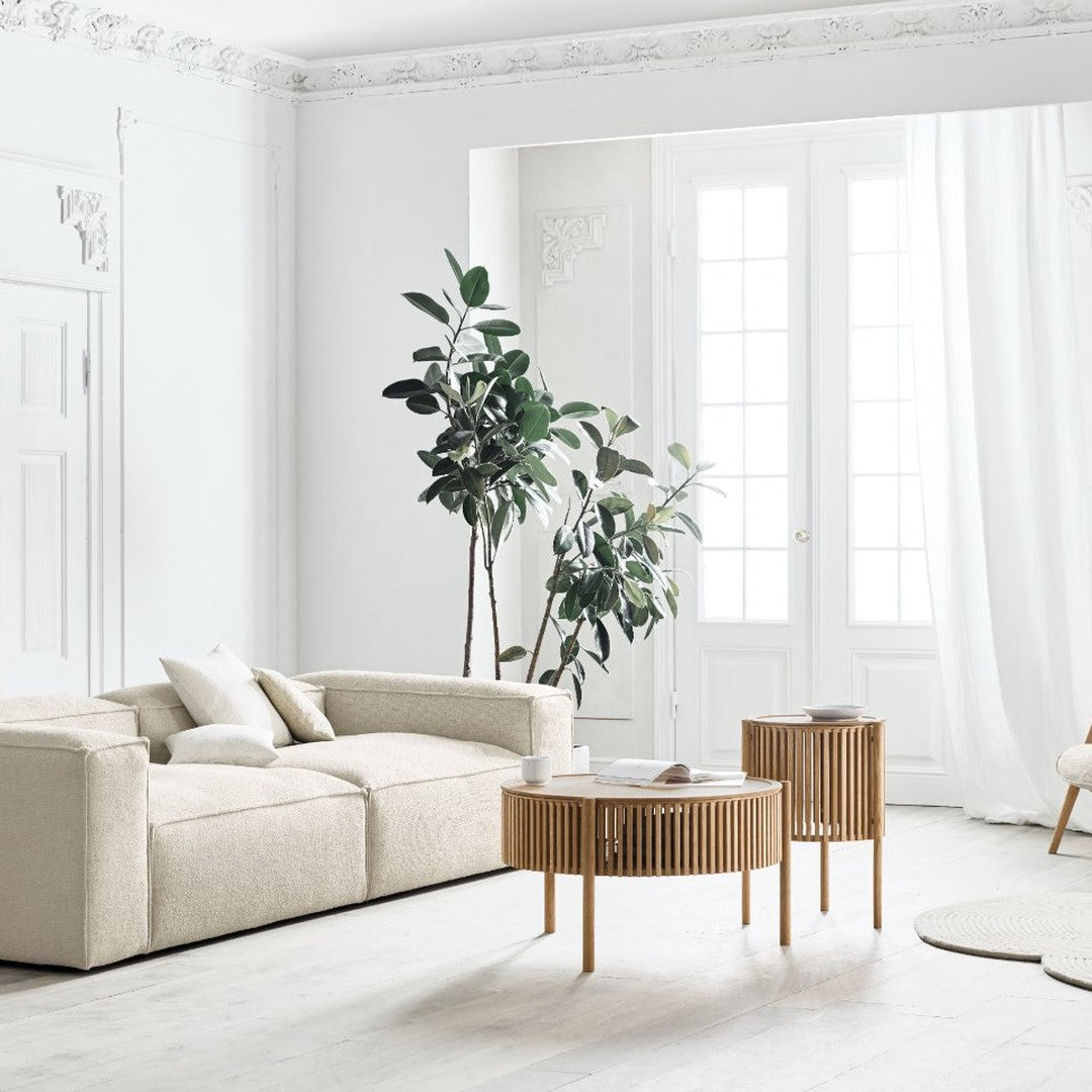 Beige sofa with soft cushions, paired with natural wood accent tables and green indoor plants against a bright, airy background.
