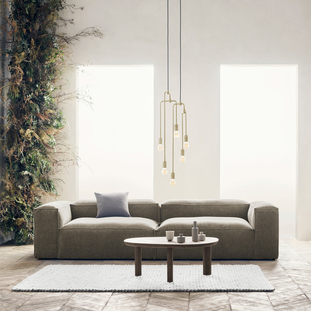Gray textured sofa with a white area rug, complemented by gold accent lighting and lush green plants.