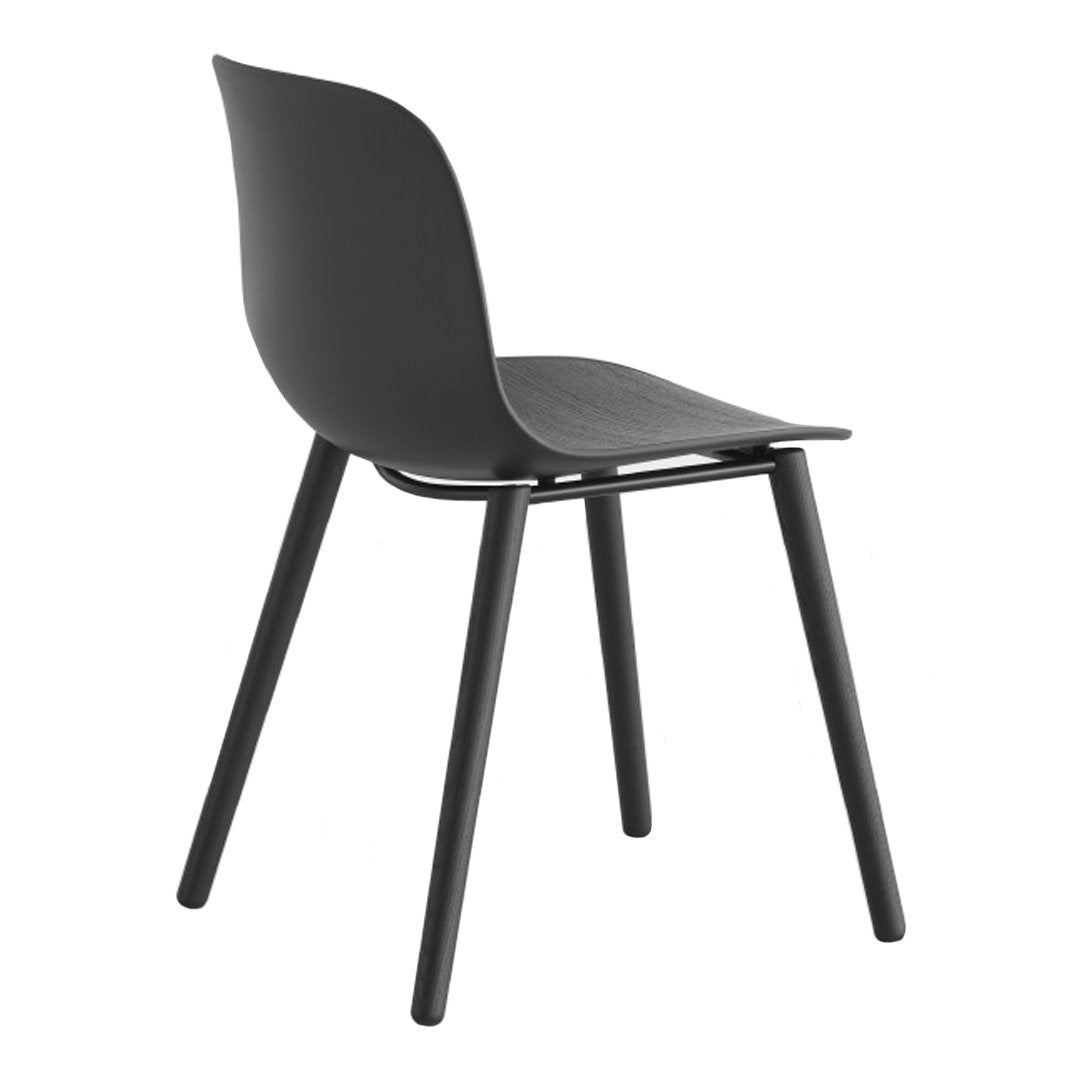 Modern black chair with a sleek design and minimalist profile, featuring smooth curves and straight legs.