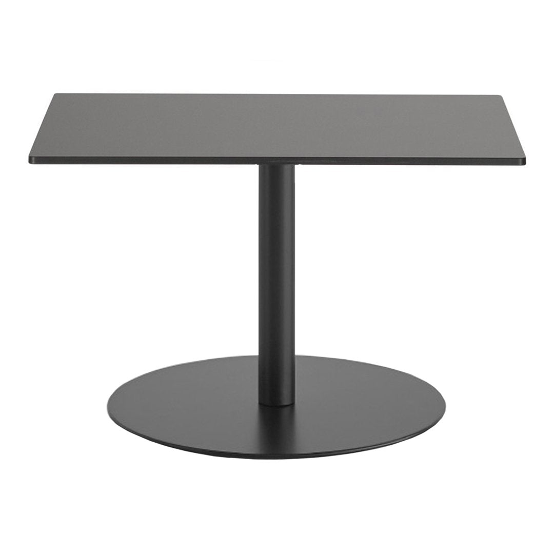 Sleek black coffee table with a square top and round base, featuring a minimalist design and solid colors.