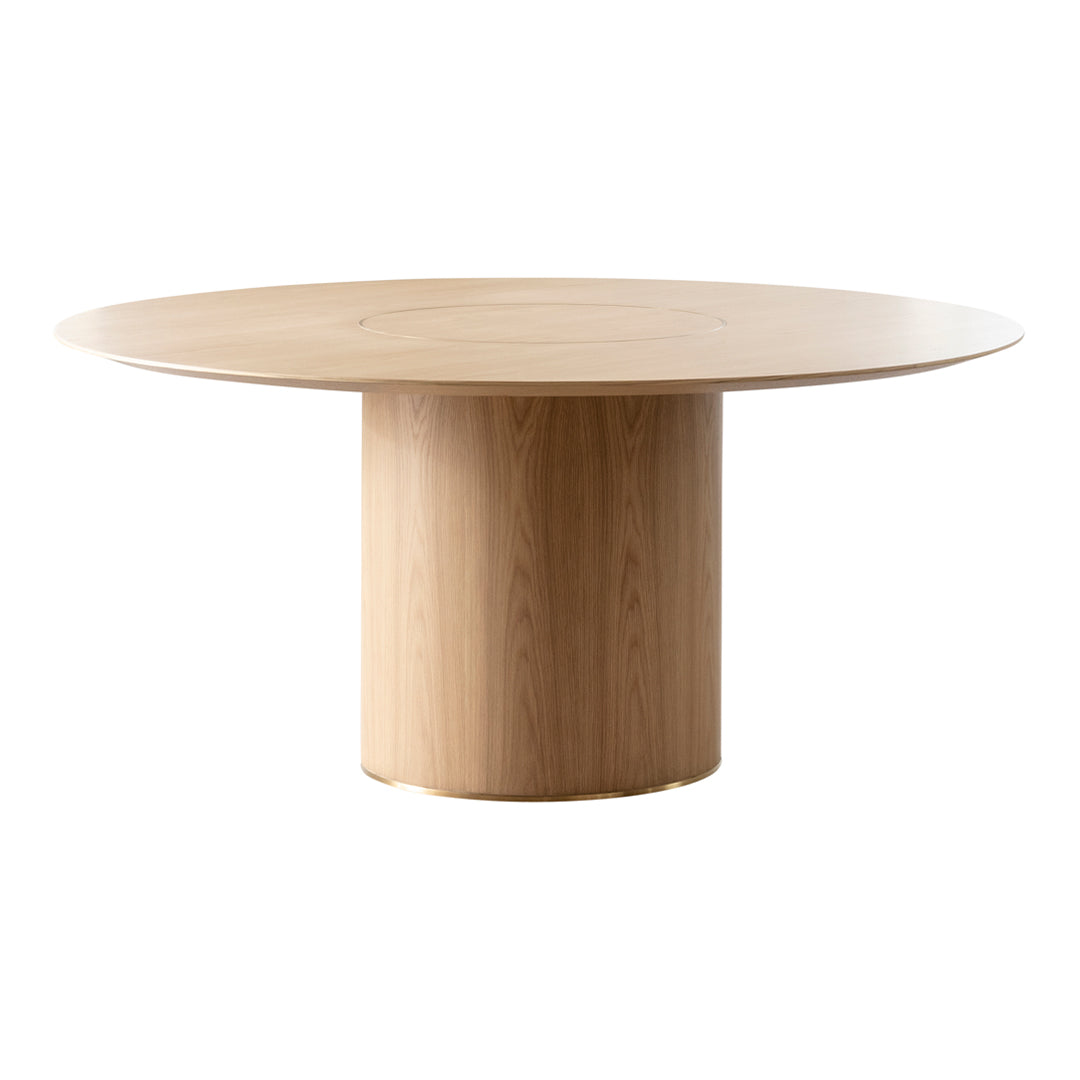 Round wooden table in natural light oak finish with a smooth, minimalist design and solid cylindrical base.
