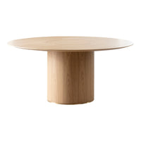Round wooden table in natural light oak finish with a smooth, minimalist design and solid cylindrical base.