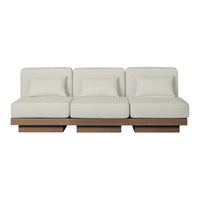 Modern white three-seat sofa with sleek, square cushions and a wooden base. Minimalist design with clean lines.