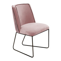 Stylish pink velvet chair with sleek black metal legs, featuring a modern design and smooth, minimalist pattern.