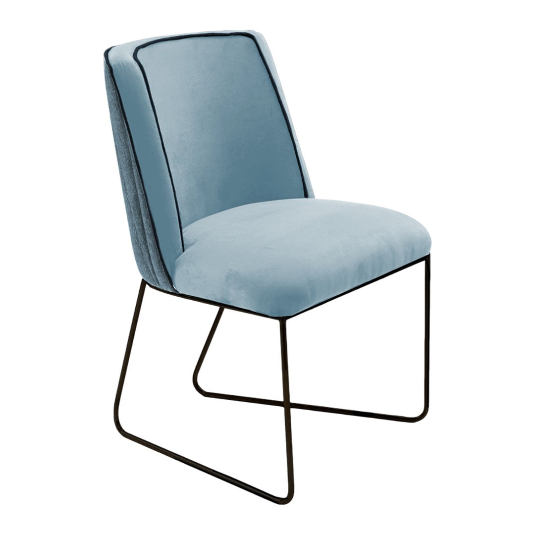 Modern blue upholstered chair with sleek black metal legs and subtle piping detail. Perfect for contemporary decor.
