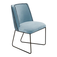Modern blue upholstered chair with sleek black metal legs and subtle piping detail. Perfect for contemporary decor.