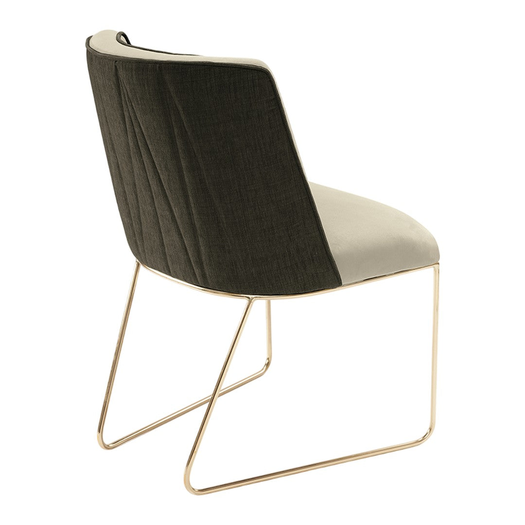 Modern two-tone chair featuring a sleek gray and cream finish with vertical ribbed pattern and a gold metal frame.