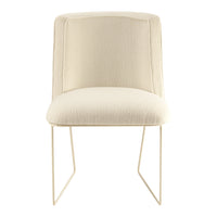 Cream upholstered chair with a textured surface and slim white metal legs, perfect for modern decor.