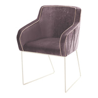 Purple velvet chair with light beige piping and a sleek white metal frame, featuring a stylish ribbed pattern.