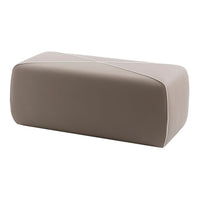 Neutral taupe ottoman with a sleek, modern design and subtle cross-pattern accents. Perfect for versatile decor.