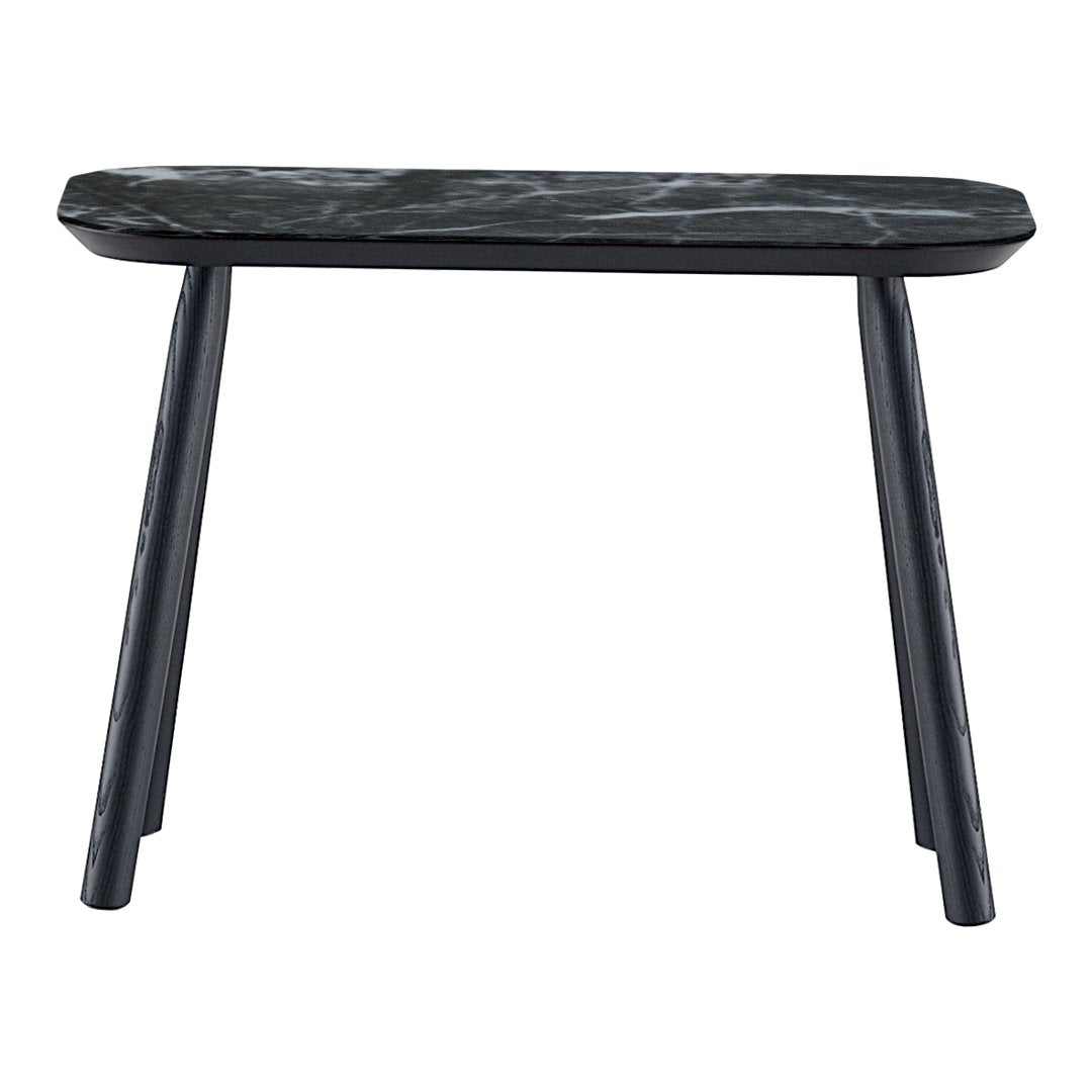 "Black marble top with a smooth surface and dark wooden legs, featuring a modern, sleek design."