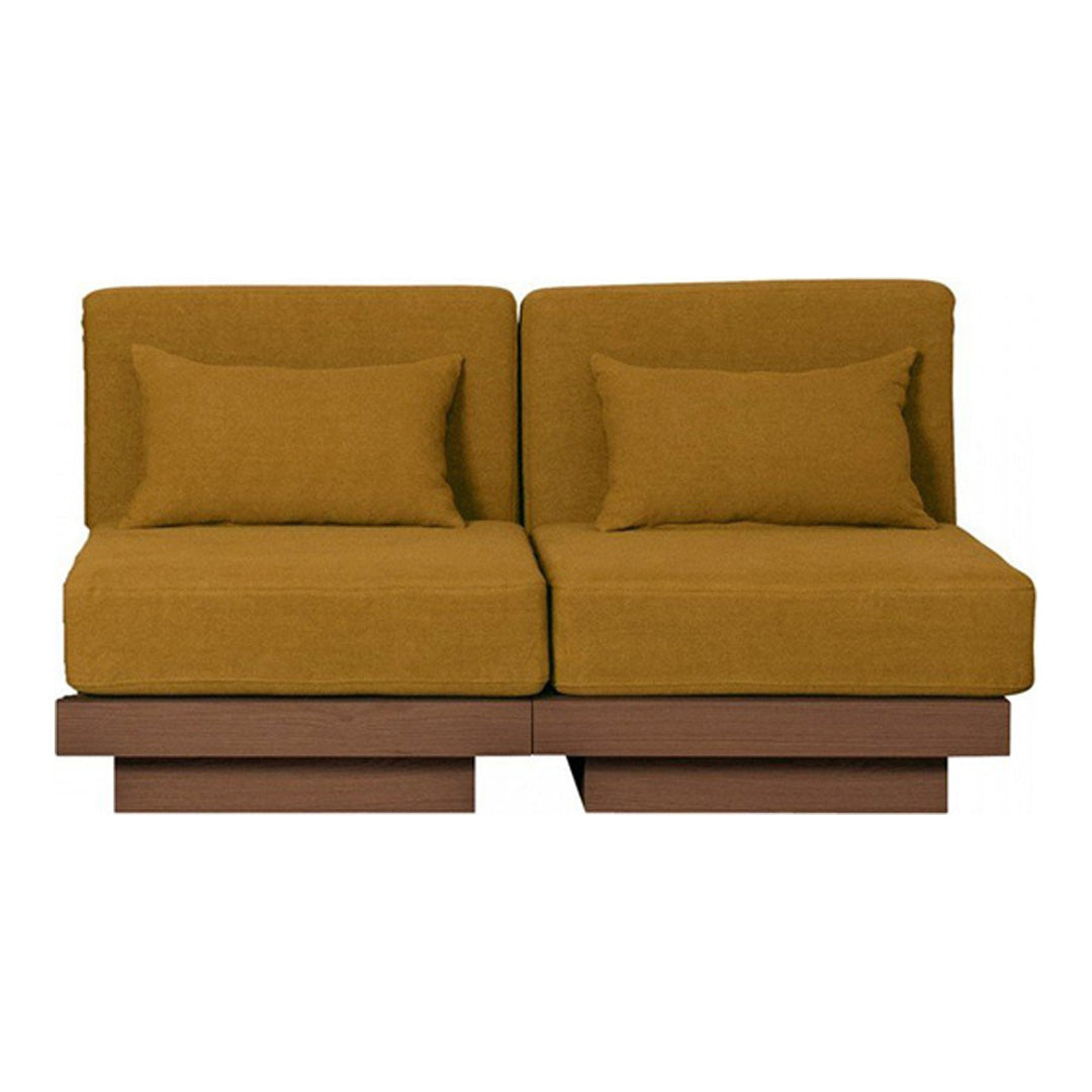 Mustard yellow sofa with two cushions and a sleek brown base, featuring a minimalist design and solid upholstery.