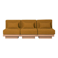 Stylish mustard yellow three-seat sofa with plush cushions and a sleek wooden base. Perfect for modern interiors.
