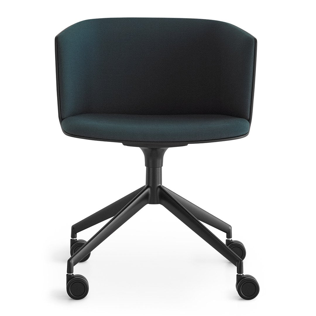Modern swivel chair with a sleek black finish and smooth fabric upholstery for a contemporary look.