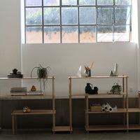 Light wood shelving units with minimalistic design, accented by green plants and neutral decor. Natural and contemporary style.