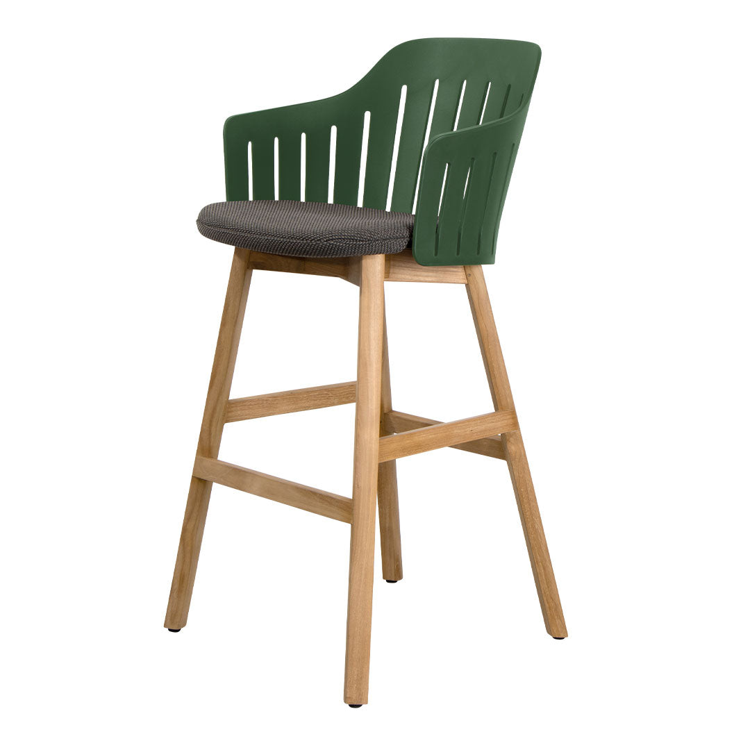 Green slatted back bar stool with a gray patterned seat and natural wood base, perfect for modern décor.