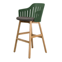 Green slatted back bar stool with a gray patterned seat and natural wood base, perfect for modern décor.