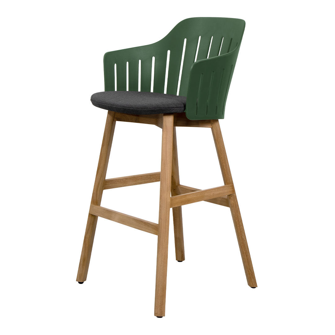 Green high chair with vertical slats and a charcoal seat, complemented by natural wood legs for a stylish look.