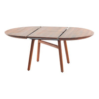 Wooden oval dining table with a natural brown finish and clean, smooth pattern. Features a sleek, modern design.