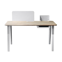 Modern wooden desk with a light natural finish, white legs, and minimalist gray accents. Ideal for contemporary spaces.