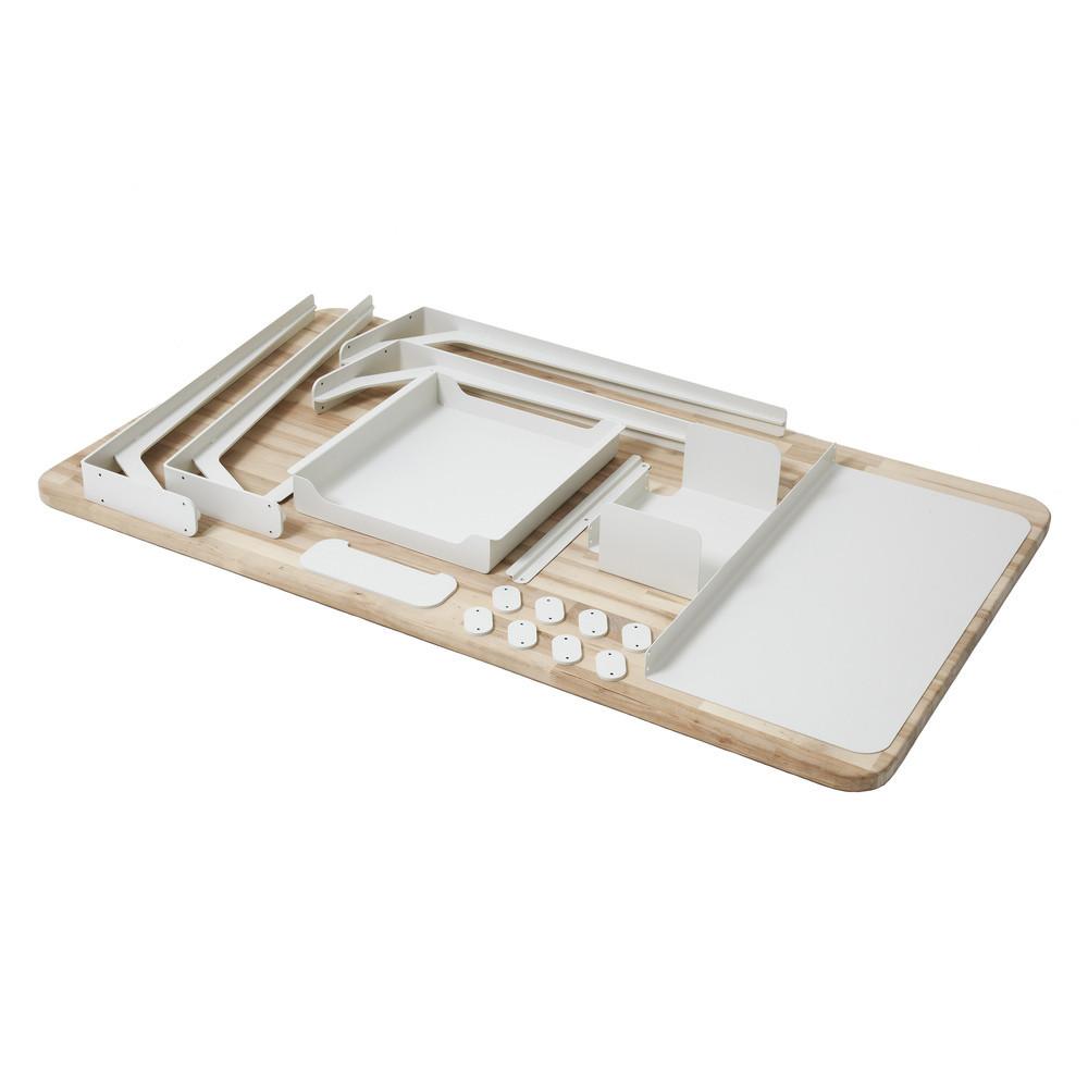 White and natural wood organizer with various sleek compartments and smooth edges, ideal for tidy storage solutions.