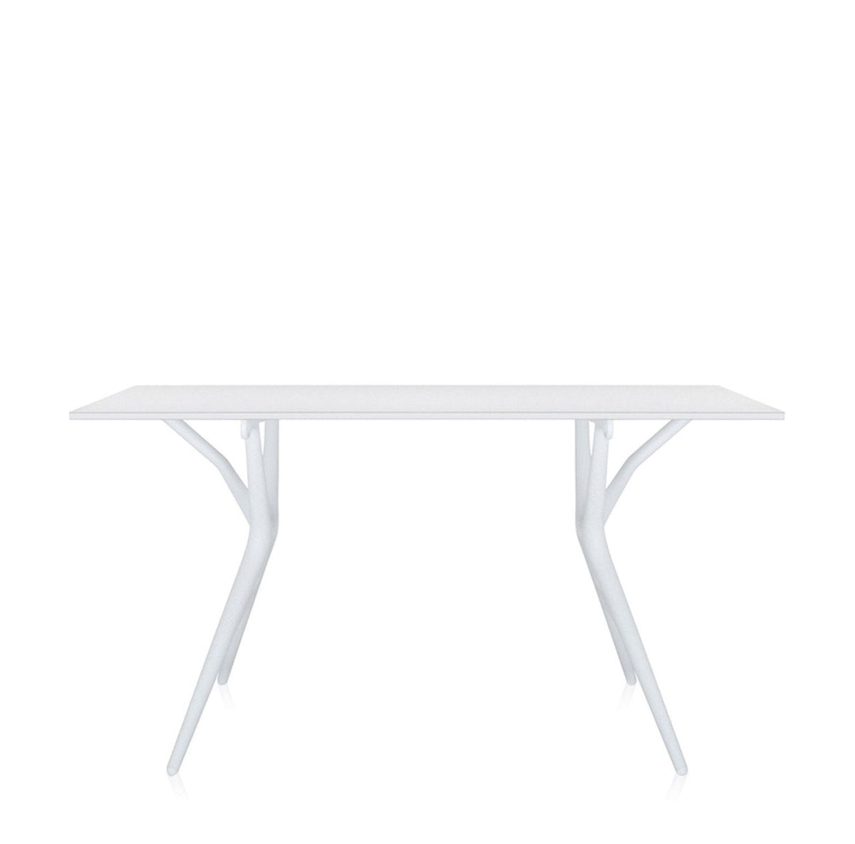 White rectangular table with sleek, modern design and minimalistic leg pattern, ideal for contemporary spaces.