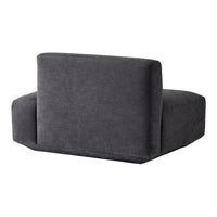 Dark gray upholstered sofa with a minimalist design and smooth, solid texture. Perfect for modern decor.