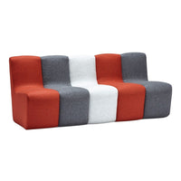 Three-seat sofa featuring vibrant red, gray, and white fabric blocks with a modern geometric pattern.