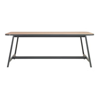 Light wood tabletop with a smooth finish and sleek black metal legs, featuring a minimalist design.
