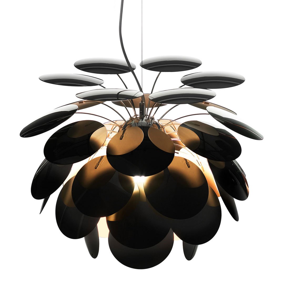 Black and gold pendant light featuring a floral design with reflective petals for a modern aesthetic.