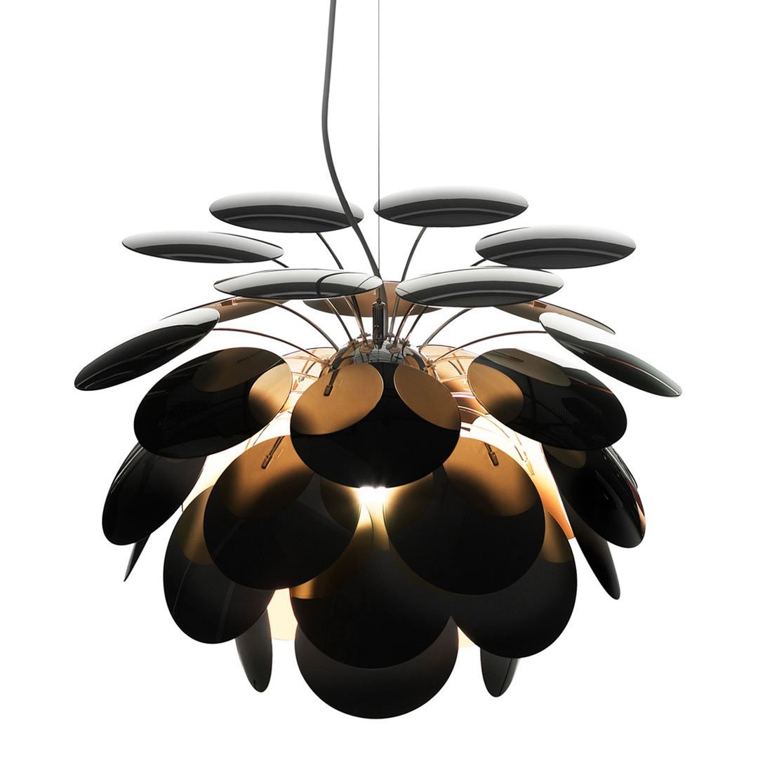 Black and gold pendant light featuring a layered, circular petal design for a modern aesthetic.