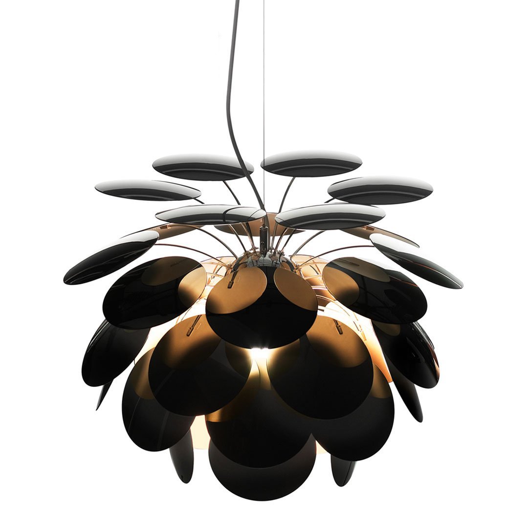 Black and gold pendant lamp with circular disc patterns, creating a modern and stylish lighting effect.
