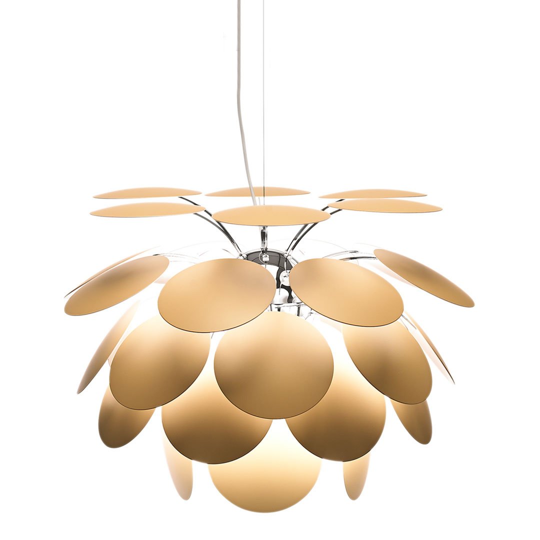 Gold circular pendant light with layered, petal-like design creating a modern, elegant aesthetic.