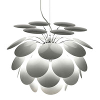 White pendant lamp featuring round, layered discs for a modern, elegant look. Soft glow enhances any space.