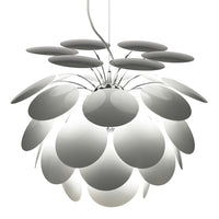 White pendant lamp featuring a layered design with circular plates, creating a modern and elegant look.