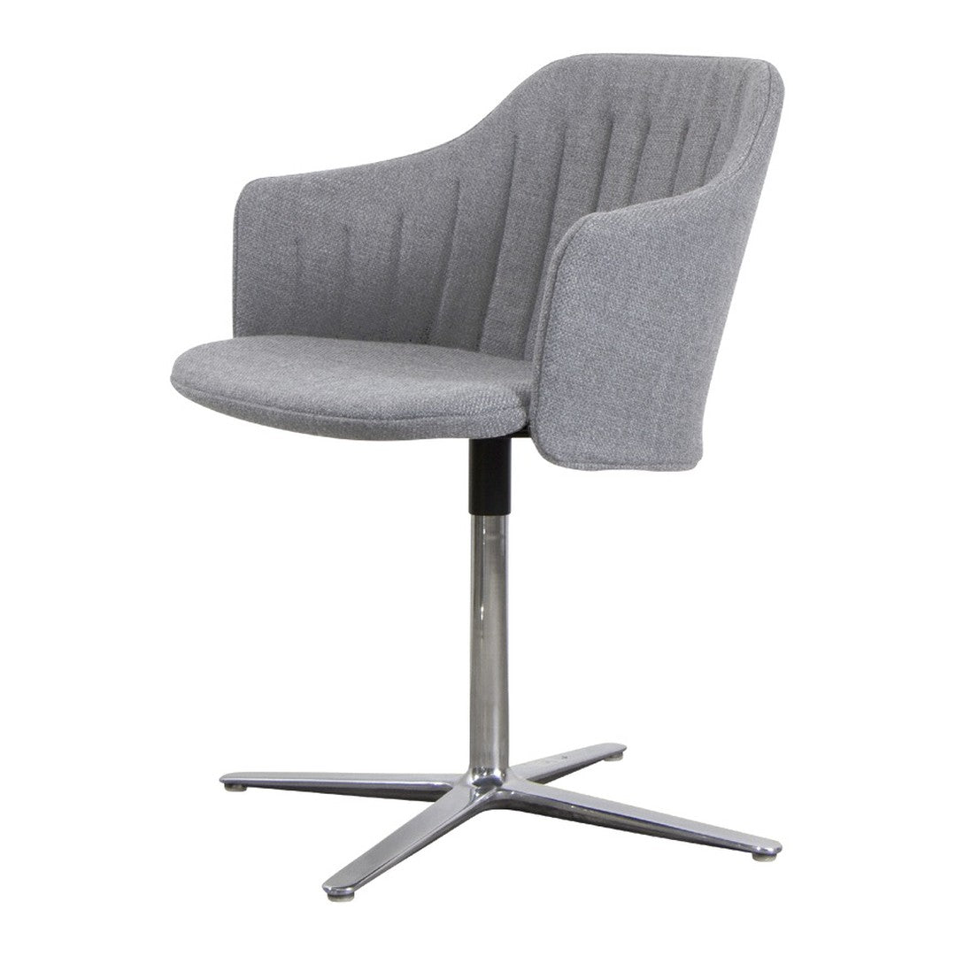 Stylish gray upholstered chair with vertical stitching and a sleek chrome base, perfect for modern decor.