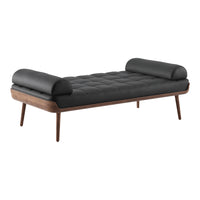 Black upholstered daybed with tufted pattern and wooden legs. Modern design with rounded armrests for added comfort.