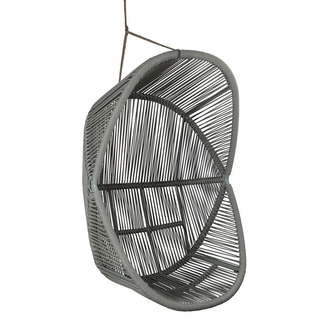 Gray hanging basket with intricate woven pattern, showcasing a modern design and unique shape. Perfect for decor.
