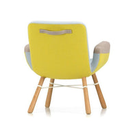 Colorful modern chair in yellow, blue, and gray with wooden legs and a stylish back handle detail.