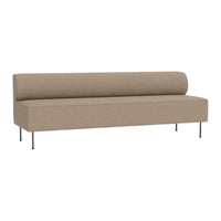 Beige sofa with a smooth, textured fabric and minimalist design, featuring sleek metal legs and clean lines.