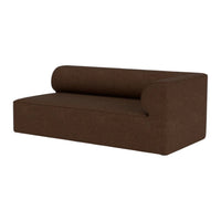 Brown upholstered sofa with a minimalistic, modern design and rounded backrest. Soft fabric texture with solid color.